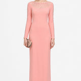 Peach Crepe Body Hugging Prom Dress With Sheer Lattice Beaded Sleeves