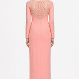 Peach Crepe Body Hugging Prom Dress With Sheer Lattice Beaded Sleeves