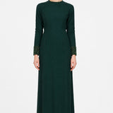 Bottle Green Crepe Column Gown With Beaded Neckline And Cuffs