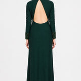 Bottle Green Crepe Column Gown With Beaded Neckline And Cuffs