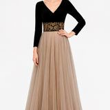 Black Velvet Bodice Gown With Green Flared Skirt And Gold Floral Waist