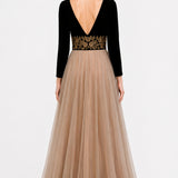 Black Velvet Bodice Gown With Green Flared Skirt And Gold Floral Waist