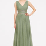 Sage Green Net Gown With Metallic Striped Waistband