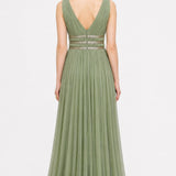 Sage Green Net Gown With Metallic Striped Waistband