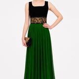 Black Velvet Bodice Gown With Beige Tulle Skirt And Gold Floral Waist