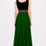 Black Velvet Bodice Gown With Beige Tulle Skirt And Gold Floral Waist