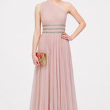 Bottle Green Net Column Gown With Beaded Neckline And Cuffs