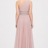 Bottle Green Net Column Gown With Beaded Neckline And Cuffs