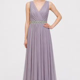 Peach Crepe Net Gown With Sheer Lattice Beaded Sleeves