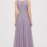 Peach Crepe Net Gown With Sheer Lattice Beaded Sleeves