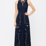 Navy Blue Round Neck Long Gown With Front Open Pleats Georgette Indo Western Dress