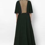 Bottle Green Georgette Gown With Cape Sleeves And Sheer Back