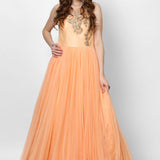 Peach Net Gown With Sheer Embellished Bodice And Flared Skirt