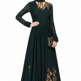 Emerald Green Embroidered Net Long Gown