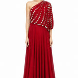 Bright Red One-Shoulder Embellished Georgette Long Gown