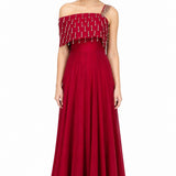 Red Beaded Fringe One Shoulder Gown