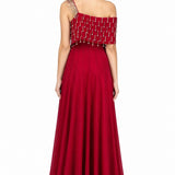 Red Beaded Fringe One Shoulder Gown