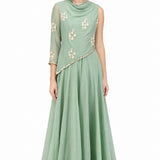 Sage Green Coral Bordered Draped Gown