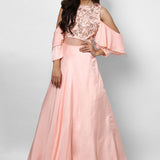 Blush Pink Satin Gown With Cold Shoulder Beaded Sleeves And Sheer Waist Panel
