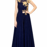 Navy Blue Gold Embroidered Draped Gown