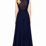 Navy Blue Gold Embroidered Draped Gown