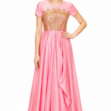 Blush Pink Embroidery Indo Western Satin Long Gown
