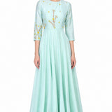 Mint Green Embroidery Indo Western Satin Long Gown