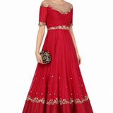 Red Gold Embroidered Sheer Yoke Gown