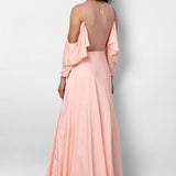 Blush Pink Satin Gown With Cold Shoulder Beaded Sleeves And Sheer Waist Panel