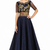 Navy Blue Gold Embroidered Gown