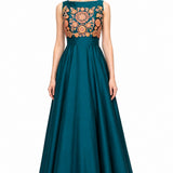 Teal Multicolor Embroidered A-Line Gown