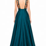 Teal Multicolor Embroidered A-Line Gown