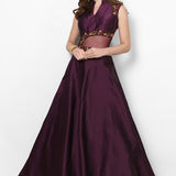Wine Satin Gown With Sheer Waist Panel And Mandarin Collar