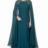 Teal Gold Embroidered Cape Gown