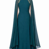 Teal Gold Embroidered Cape Gown