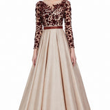 Beige Maroon Floral Beaded Ball Gown