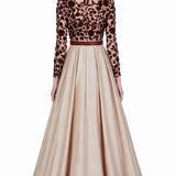 Beige Maroon Floral Beaded Ball Gown
