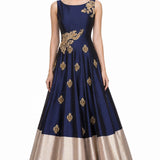 Navy Blue Gold Embroidered Colorblock Gown