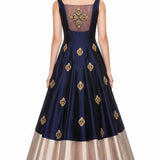 Navy Blue Gold Embroidered Colorblock Gown