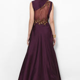 Wine Satin Gown With Sheer Waist Panel And Mandarin Collar