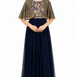 Navy Blue Gold Embellished Cape Gown