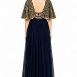 Navy Blue Gold Embellished Cape Gown