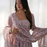 Pastel Pink Floral Printed Organza Anarkali Set