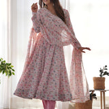 Pastel Pink Floral Printed Organza Anarkali Set