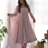 Pastel Pink Floral Printed Organza Anarkali Set