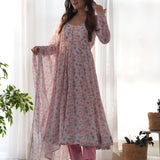 Pastel Pink Floral Printed Organza Anarkali Set
