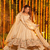 Cream Floral Embroidered Silk Anarkali Set