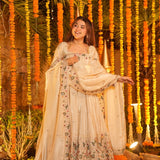 Cream Floral Embroidered Silk Anarkali Set