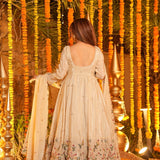 Cream Floral Embroidered Silk Anarkali Set