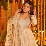 Cream Floral Embroidered Silk Anarkali Set